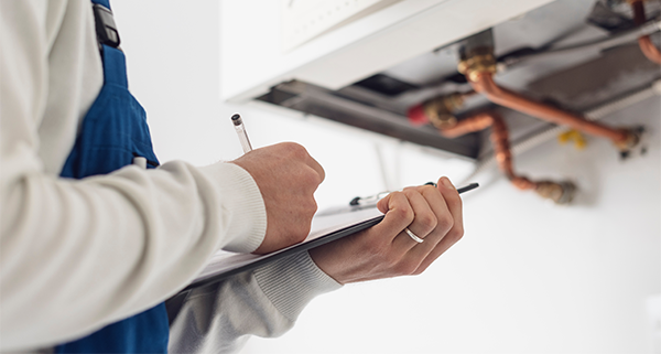 person in work attire checking a boiler system and noting details on a clipboard related to maintenance and repair tasks