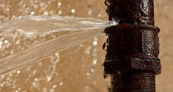 close up of a rusted pipe with water leaking from a joint highlighting the issue of 12 plumbing leaks