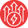 red circular icon with upward arrows and a central lightning bolt representing energy boost and increased performance 1 productivity 1 efficiency 1 energy
