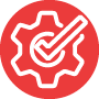 red gear icon with a checkmark representing quality assurance and efficiency in 6 steps