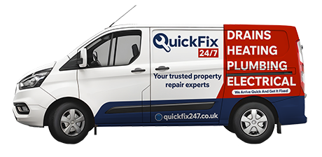 quick fix van displaying services for drains heating plumbing and electrical repairs with contact details emphasizing quick response for urgent needs and reliable property maintenance 5 star service