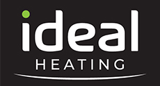 ideal heating logo displayed on a black background featuring the word ideal and heating with a green dot emphasizing modern heating solutions for your home